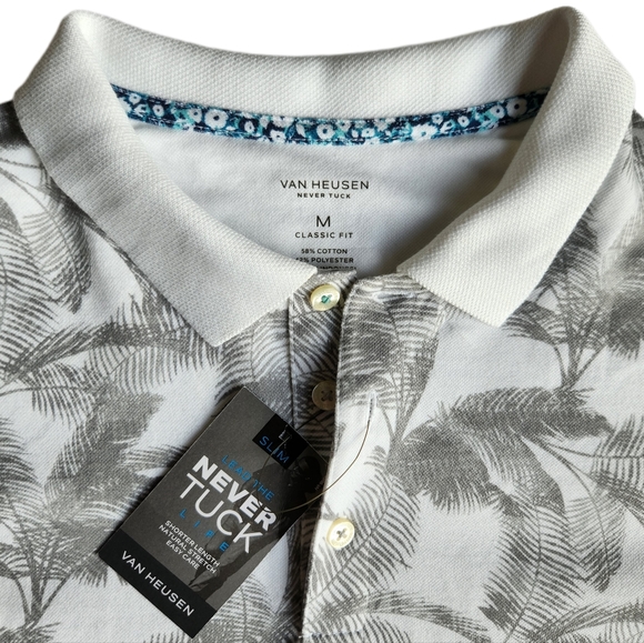 Van Heusen Mens Never Tuck Palm Tree Polo Shirt | White + Gray Size M 5027131131 - Picture 3 of 9